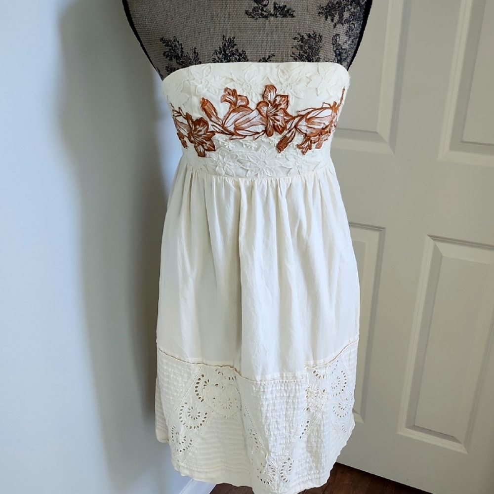 Anthropologie Beige Strapless Dress with Brown Floral Embroidery